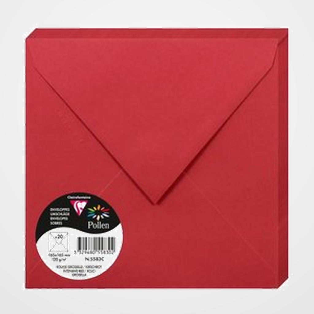 SOBRE CLAIREFONTAINE POLLEN 165x165 120g ROJO GROSELLA PAQUETE DE 20