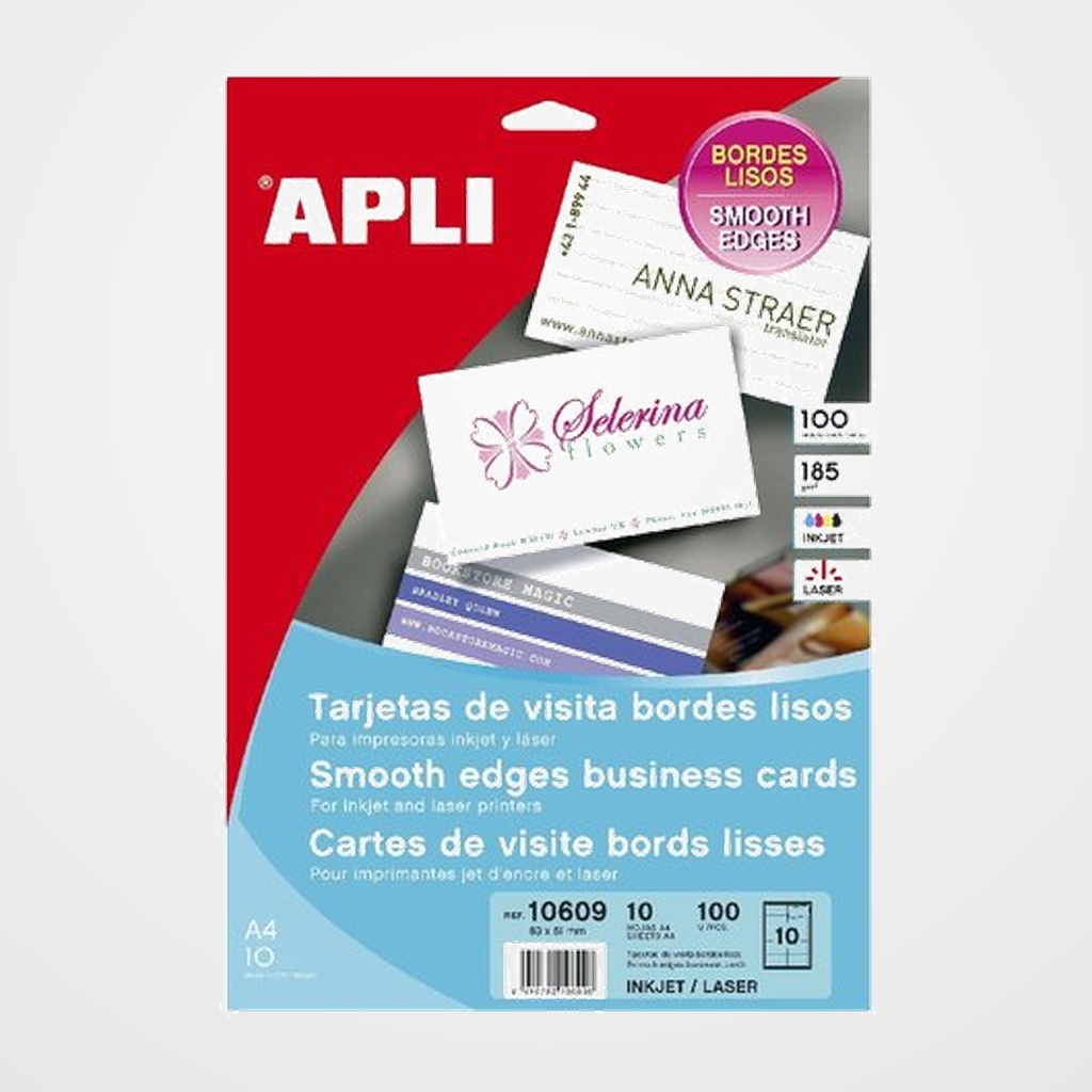 TARJETAS de VISITA APLI para IMPRESORA BORDES LISOS C.RECTOS 200g MATE 89x51mm BLISTER 15h 150 uds.(10609)