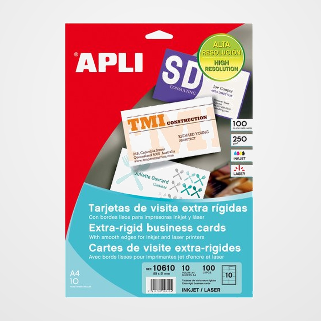 TARJETAS de VISITA APLI para IMPRESORA BORDES LISOS C.RECTOS 250g MATE 89x51mm BLISTER 10h 100 uds.(10610)