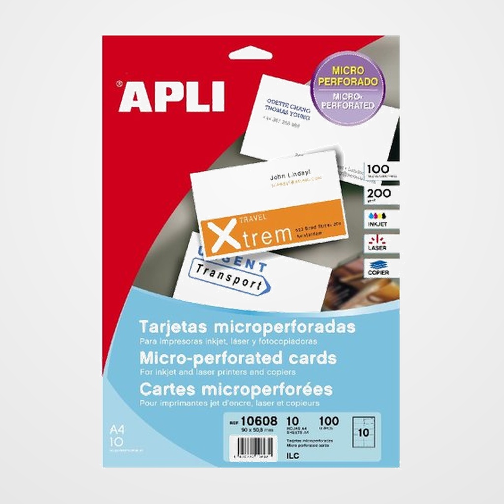TARJETAS de VISITA APLI para IMPRESORA MICROPERFORADA 200g MATE 90x50,8mm BLISTER 10h 100 uds.(10608)