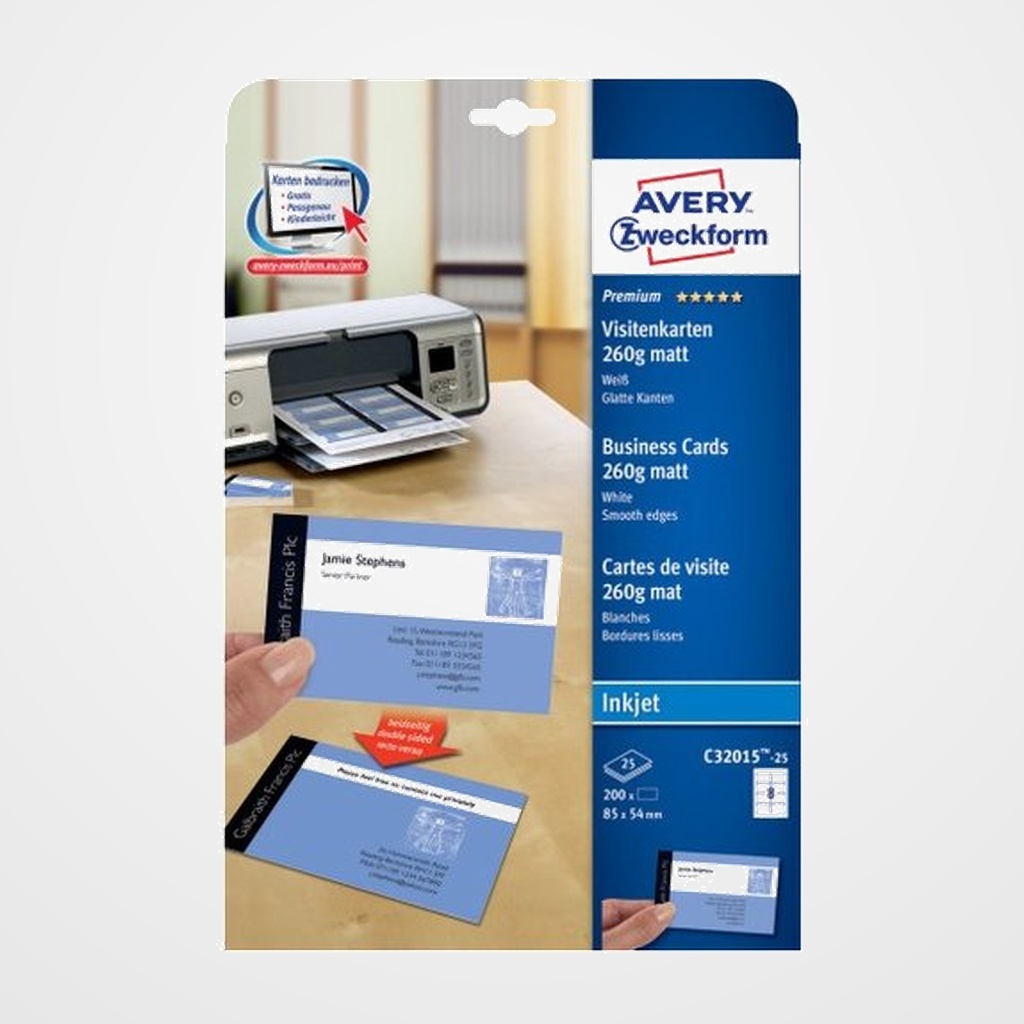 TARJETAS de VISITA AVERY para IMPRESORA INKJET QUICK&CLEAN 260g MATE 85x54mm CAJA 25h 200 uds.(C32015-25)
