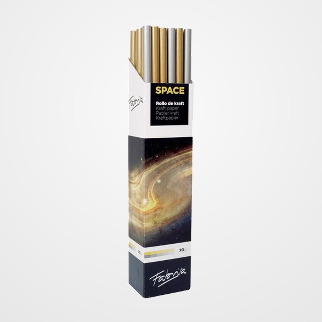 PAPEL de EMBALAR KRAFT ROLLO FABRISA 1x3 ORO Y PLATA EXPOSITOR DE 30