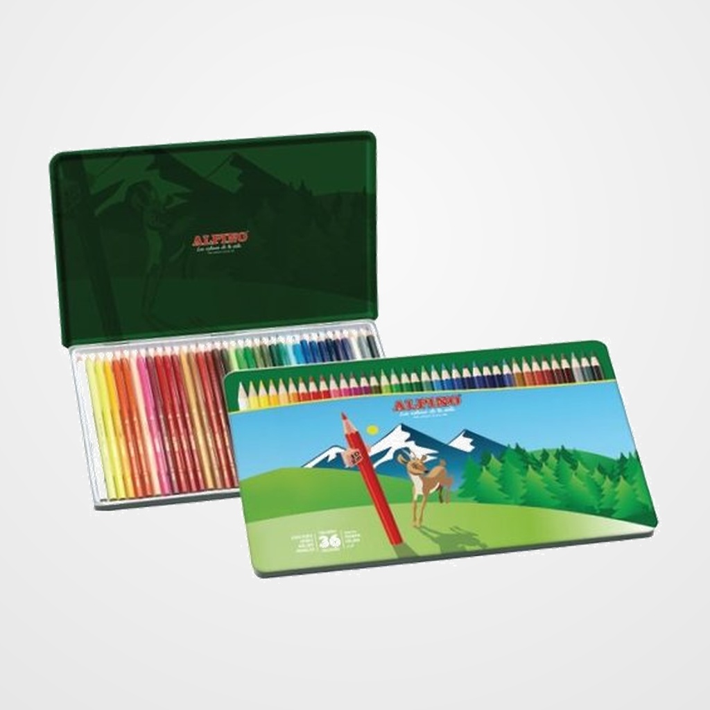 LAPICES de COLORES ALPINO  LARGOS estuche de METAL de 36