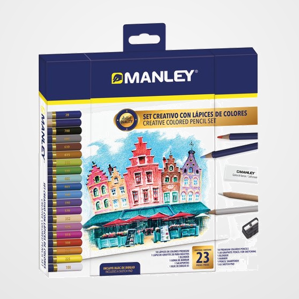 LAPICES de COLORES MANLEY SET CREATIVO DE 23 (18x lapiz color, 1x lapiz grafito, 1x blender, 1x goma, 1x afila, 1x bloc dibujo A5)