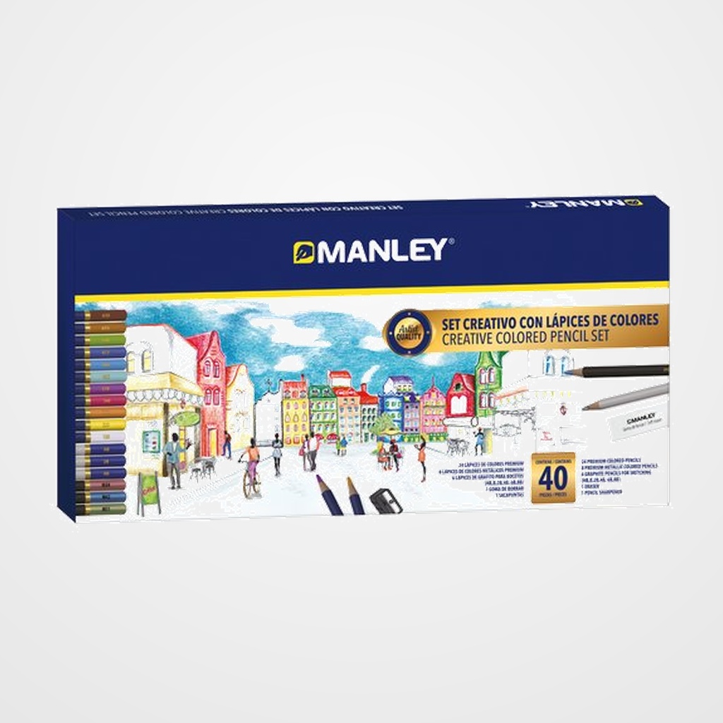 LAPICES de COLORES MANLEY SET CREATIVO DE 40 (24x lapiz color, 8x lapiz color metalico, 6x lapiz grafito, 1x goma, 1x afila)