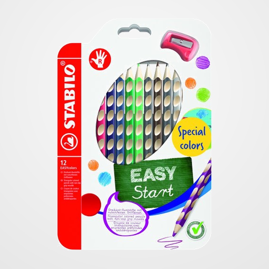 LAPICES de COLORES STABILO EASY COLORS para DIESTRO estuche de 12 con AFILALAPIZ