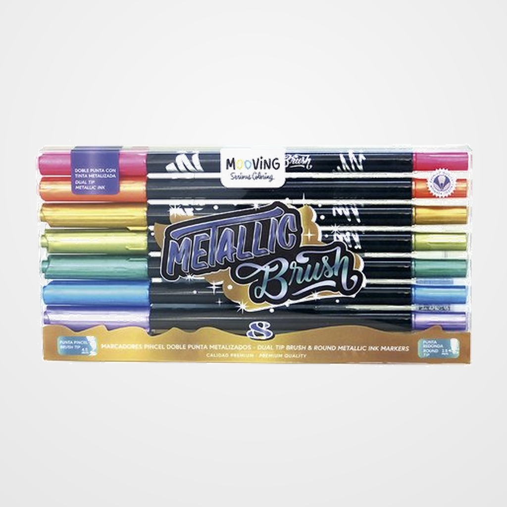 ROTULADOR FIBRA MOOVING DOBLE PUNTA PINCEL METALIZADOS ESTUCHE de 8