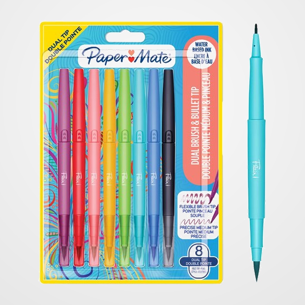 ROTULADOR PAPER MATE DOBLE PUNTA PINCEL BLISTER de 8