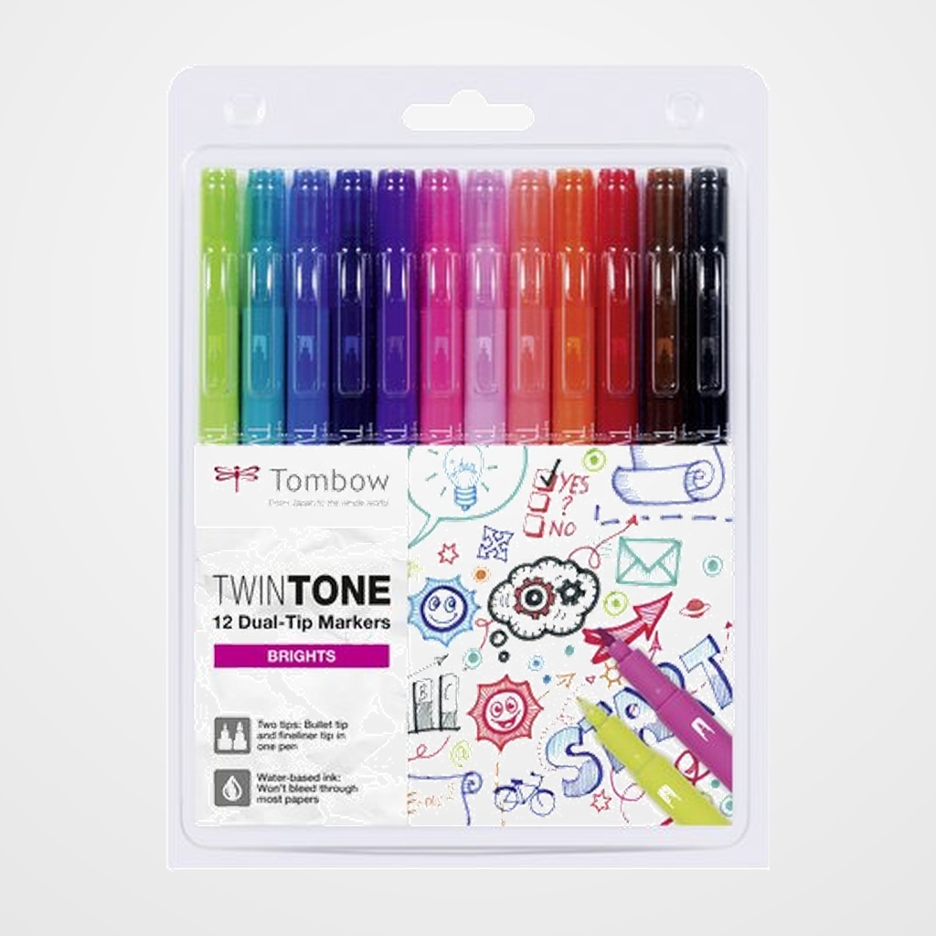 ROTULADOR TOMBOW TWINTONE DOBLE PUNTA COLORES BRILLANTES ESTUCHE de 12
