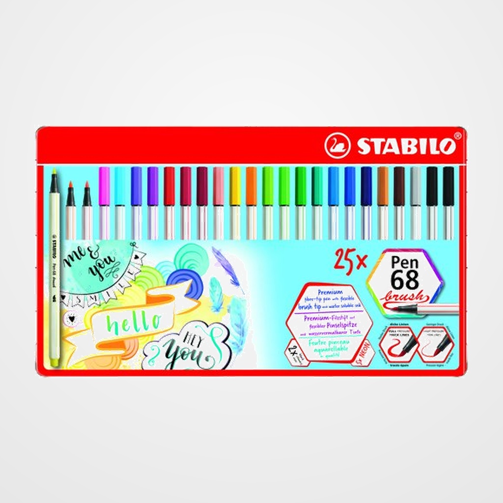 ROTULADOR FIBRA STABILO PEN 68 BRUSH PUNTA PINCEL CAJA METAL de 25