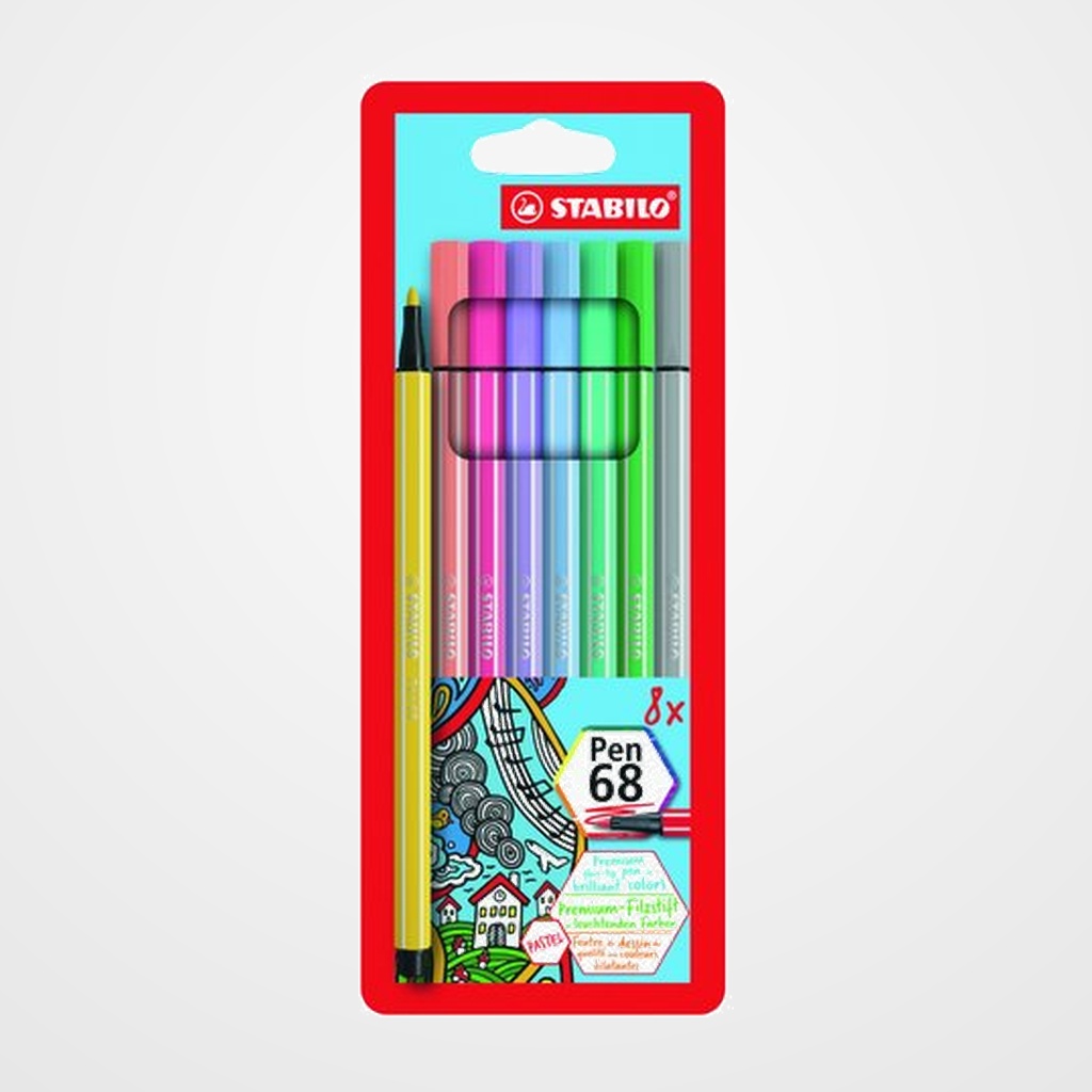 ROTULADOR FIBRA STABILO PEN 68 CAJA PLASTICO de 8 COLORES PASTEL