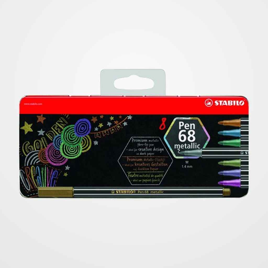 ROTULADOR FIBRA STABILO PEN 68 METALLIC ESTUCHE DE METAL DE 8 (1x Plata, 1x Cobre, 1x Dorado, 1x Azul metalico, 1x Verde metalico. 1x Rosa metalico, 1x Lila metalico, 1xVerde claro metalico)
