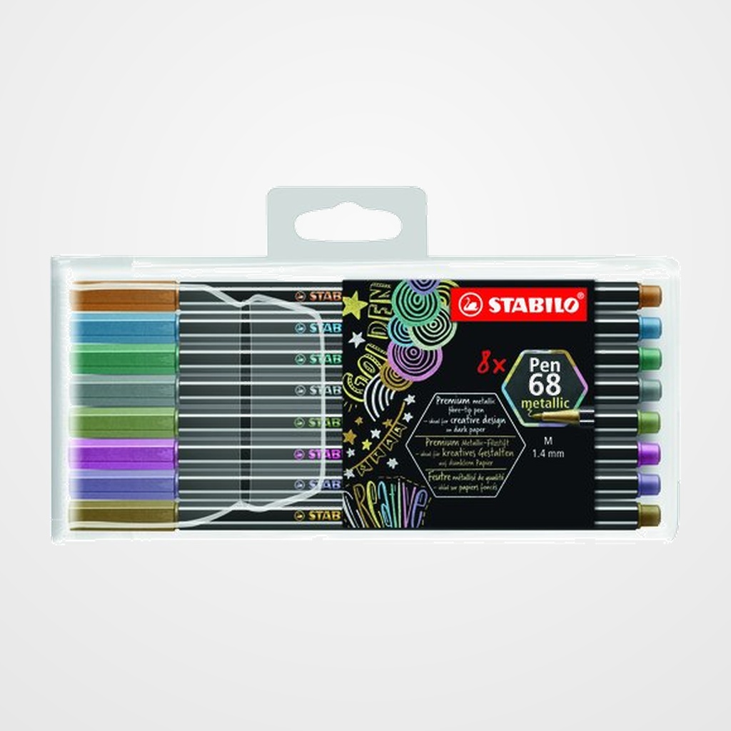 ROTULADOR FIBRA STABILO PEN 68 METALLIC ESTUCHE DE PLASTICO DE 8 (1x Plata, 1x Cobre, 1x Dorado, 1x Azul metalico, 1x Verde metalico. 1x Rosa metalico, 1x Lila metalico, 1xVerde claro metalico)