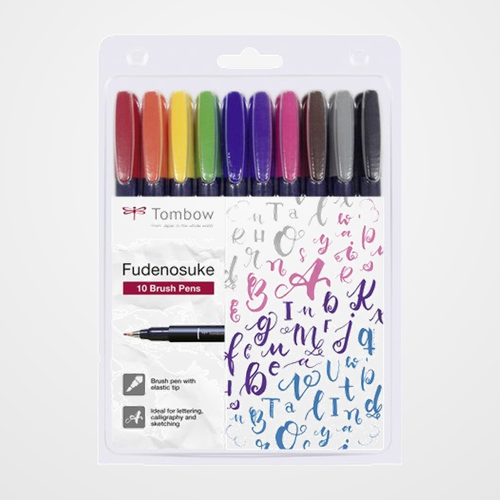 ROTULADOR TOMBOW CALIGRAFIA FUDENOSUKE PUNTA DURA ESTUCHE DE 10 (negro, amarillo, verde, azul, violeta, rosa, rojo, naranja, marron y gris)