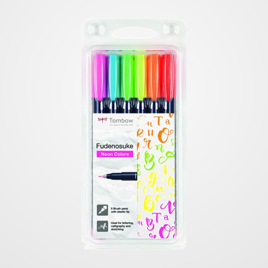 ROTULADOR TOMBOW CALIGRAFIA FUDENOSUKE PUNTA DURA ESTUCHE DE 6 (Colores neon: rosa, amarillo, verde, naranja, rojo y azul)