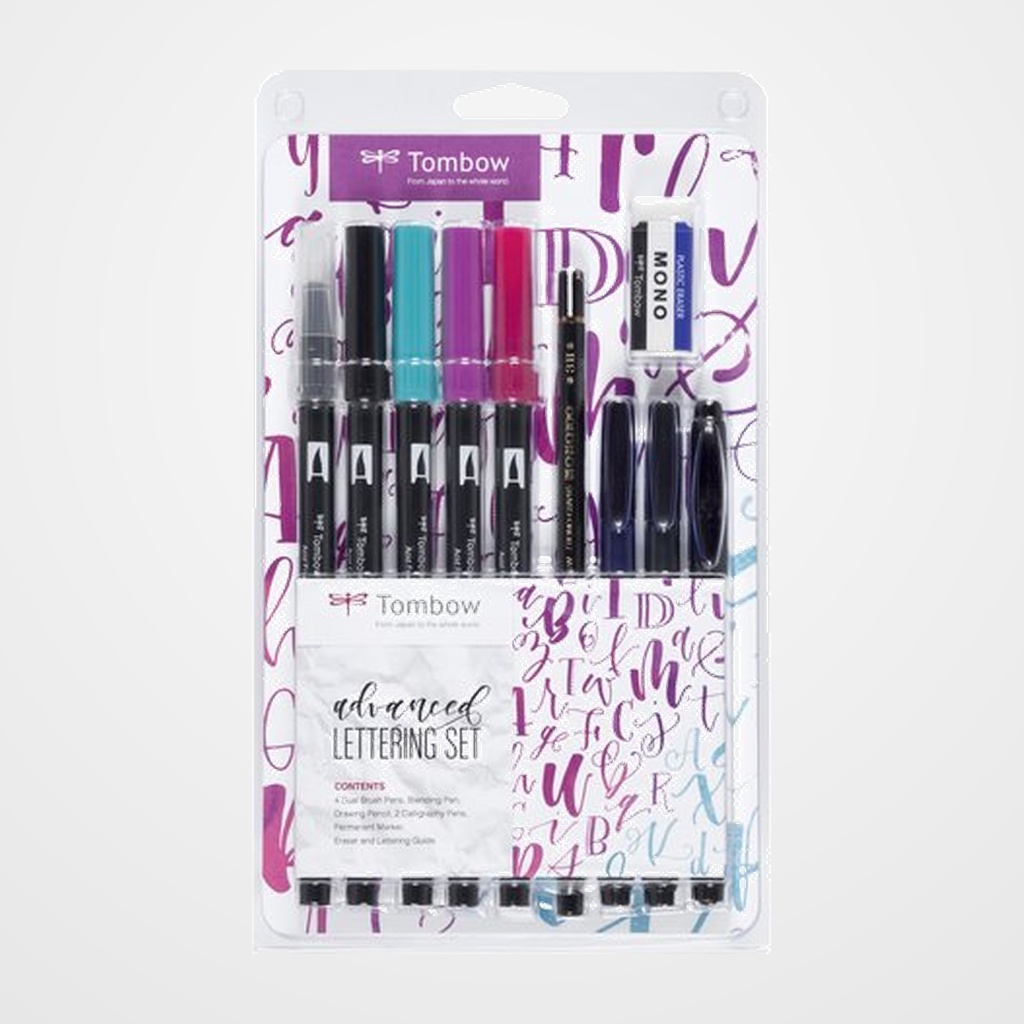 SET LETTERING TOMBOW ADVANCED 4 ROT. ABT DUAL BRUSH + 1 BLENDER PEN + 1 LAPIZ GRAFITO +  2 ROT. CALIGRAFIA DURO Y BLANDO + 1 ROT. PERMANENTE DOBLE PUNTA + 1 GOMA + MANUAL INSTRUCCIONES B/10