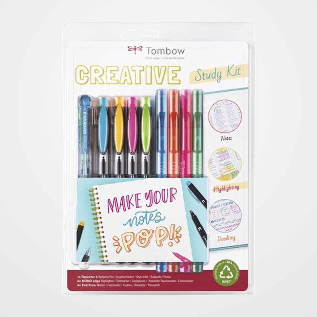 SET LETTERING TOMBOW KIT ESTUDIO CREATIVO 4x ROTULADOR FLUOR 4x ROTULADOR DOBLE PUNTA 1x BOLIGRAFO 4 COLORES