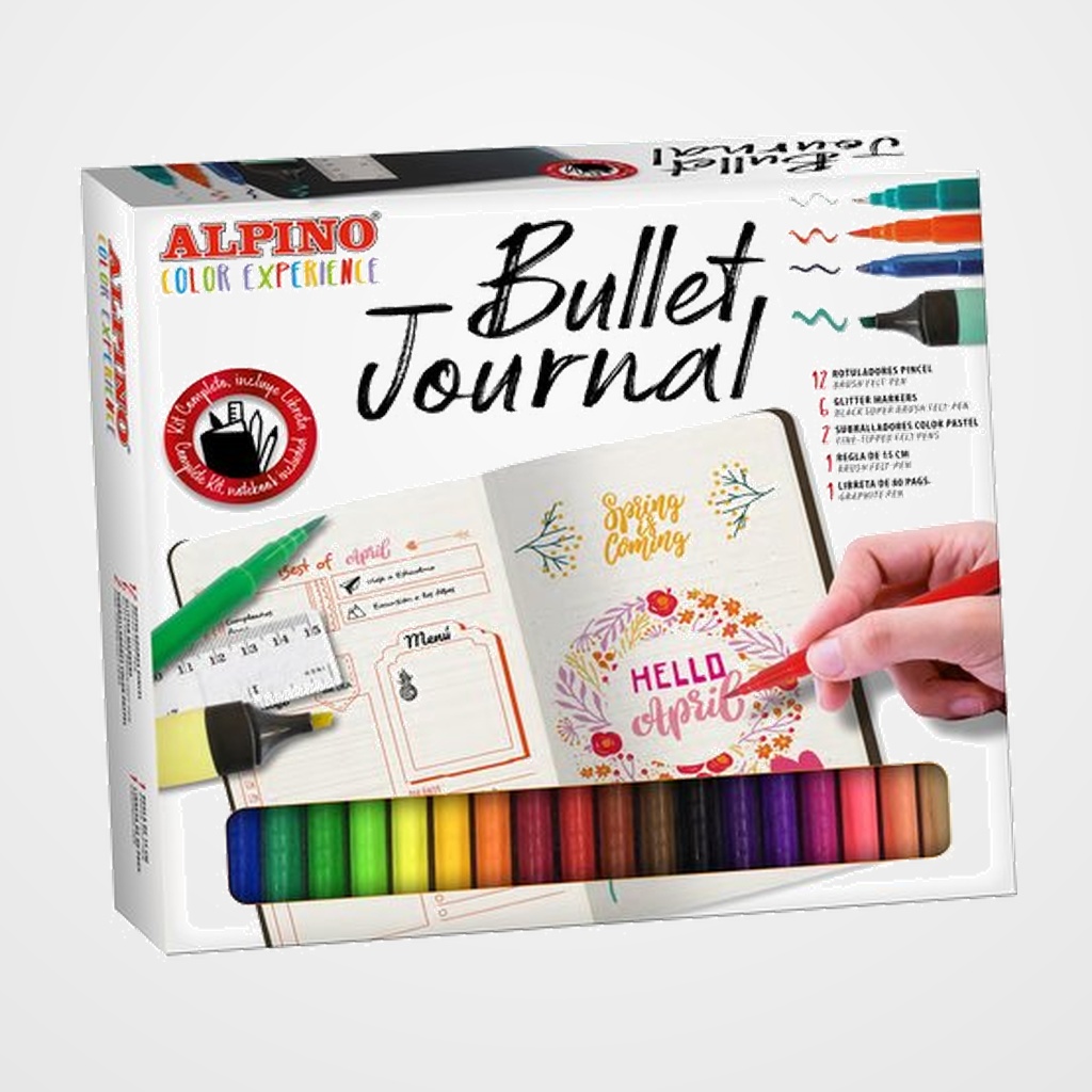 ROTULADOR FIBRA ALPINO COLOR EXPERIENCE BULLET JOUNAL KIT de 22 12x rotuladores dual artist  6x glitter markers  2x subrayadores pastel  1x regla + libreta
