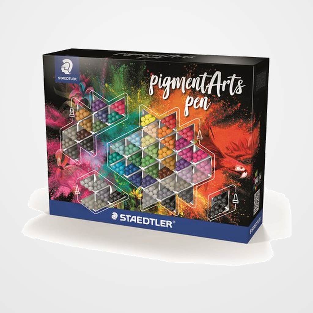 EXPOSITOR STAEDTLER ROTULADORES GAMA PIGMENT ART PEN SURTIDO CONTENIDO:  180 pigment brush 371 30 pigment soft brush 372 60 pigment calligraphy 375 10 pigment pen 376