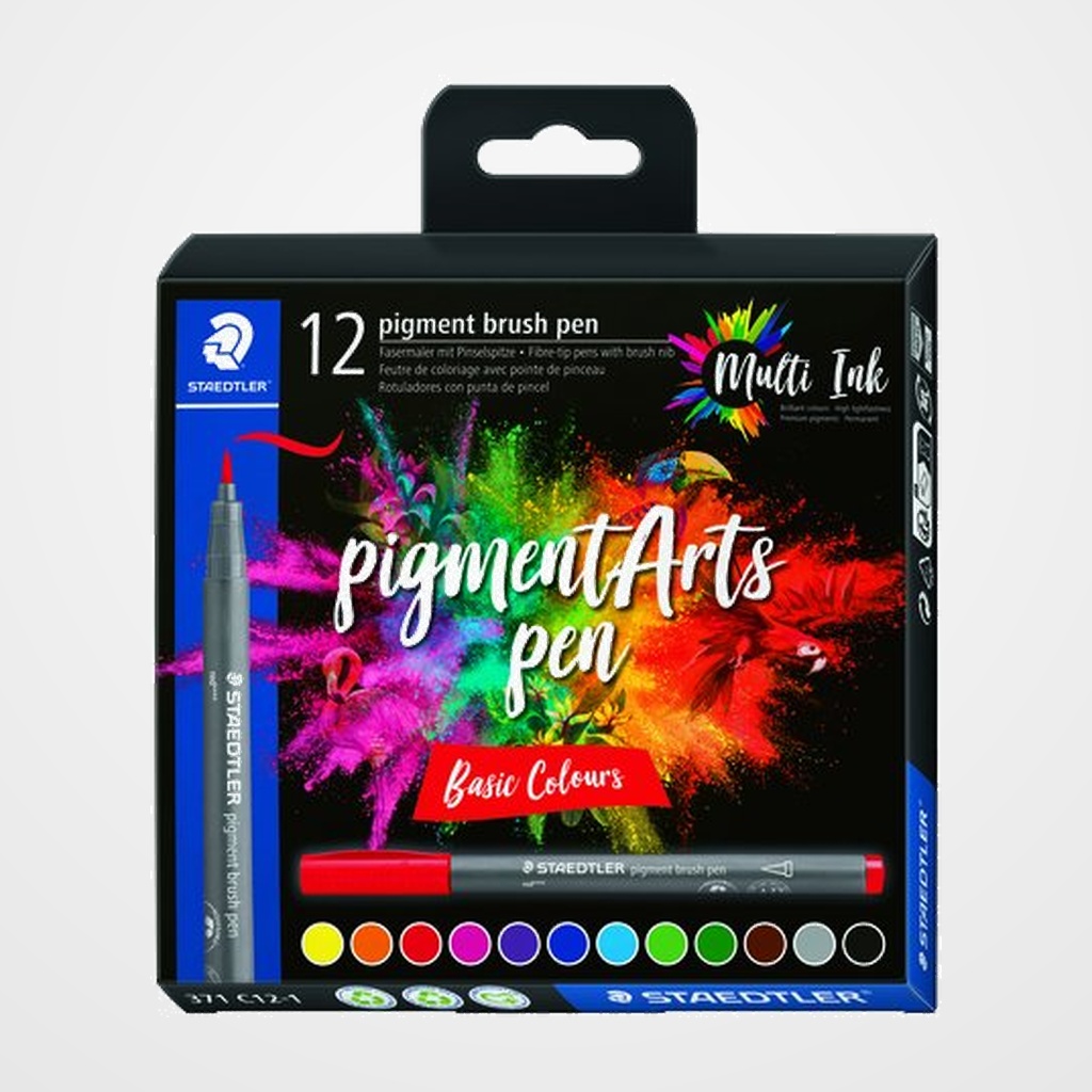 ROTULADOR FIBRA STAEDTLER PIGMENT ARTS PEN PUNTA PINCEL COLORES BASICOS ESTUCHE de 12