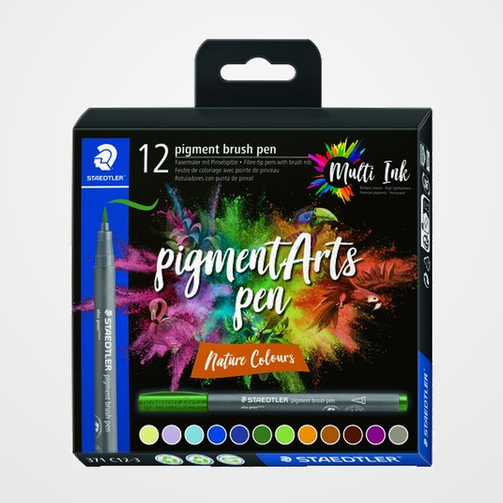 ROTULADOR FIBRA STAEDTLER PIGMENT ARTS PEN PUNTA PINCEL COLORES NATURALEZA ESTUCHE de 12