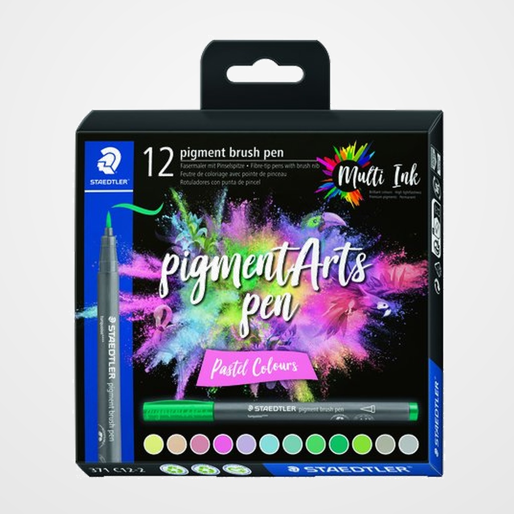 ROTULADOR FIBRA STAEDTLER PIGMENT ARTS PEN PUNTA PINCEL COLORES PASTEL ESTUCHE de 12