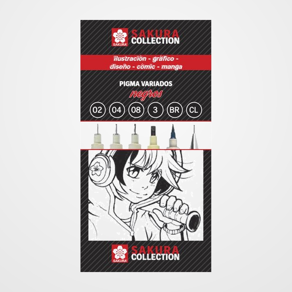 ROTULADOR CALIBRADO SAKURA MANGA e ILUSTRACION SURTIDO NEGROS CAJA de 6 (Pigma Micron 0.2,0.4,0.8 + Pigma Graphic 0.3 + Pigma Brush, Portaminas)