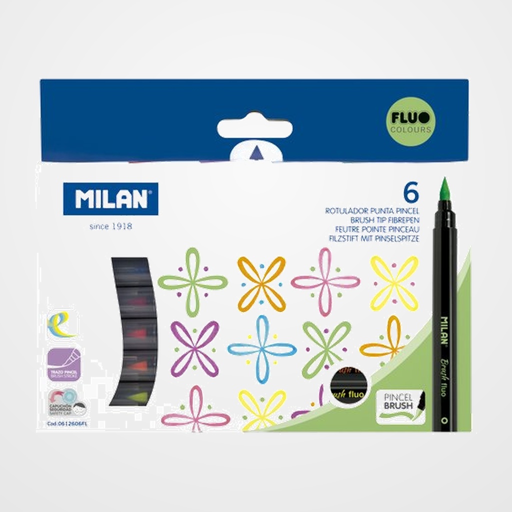 ROTULADOR MILAN PUNTA PINCEL CAJA de 6 COLORES FLUOR