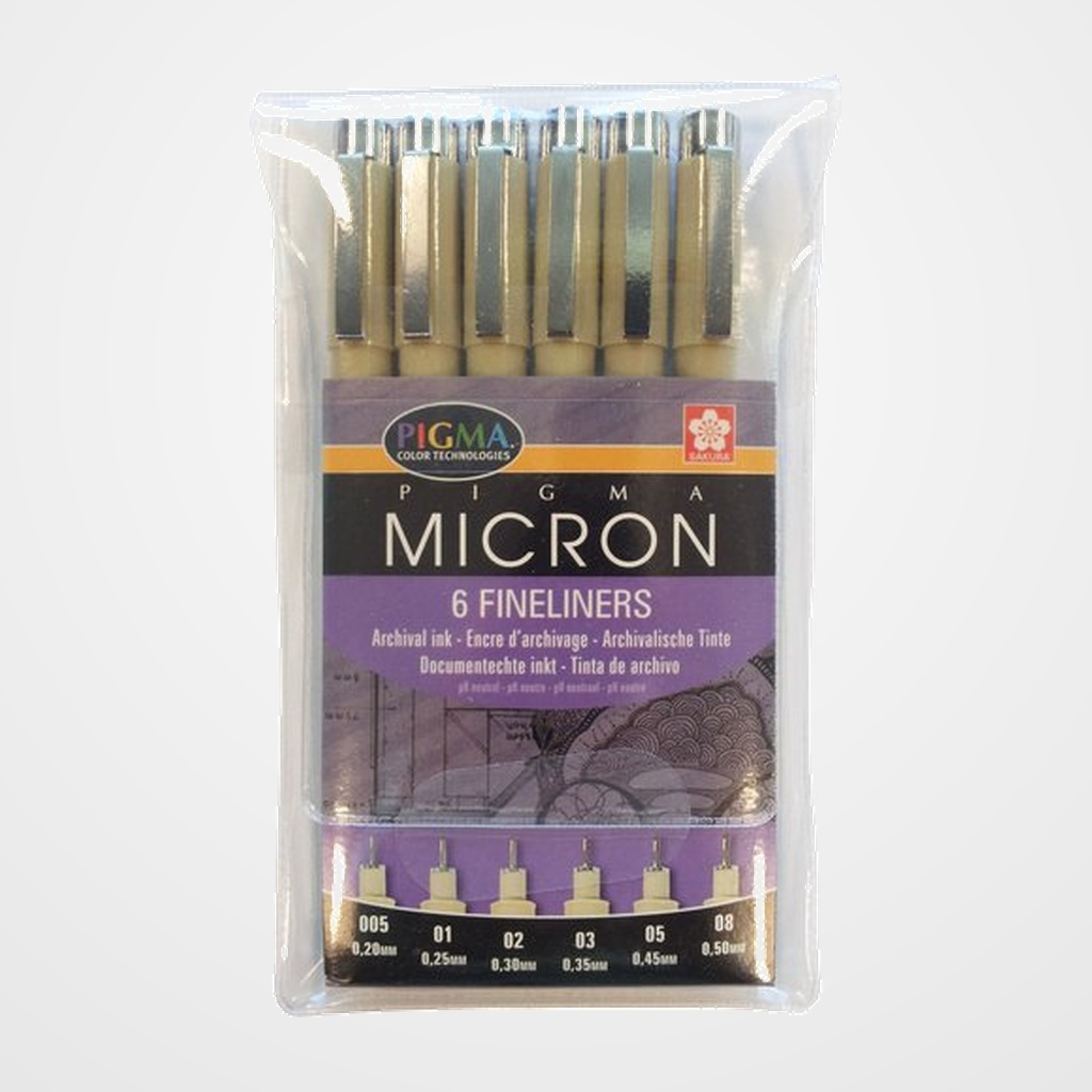 ROTULADOR SAKURA CALIBRADO MICRON (0.05, 0.1, 0.2, 0.3, 0.5, 0.8 mm) CAJA de 6