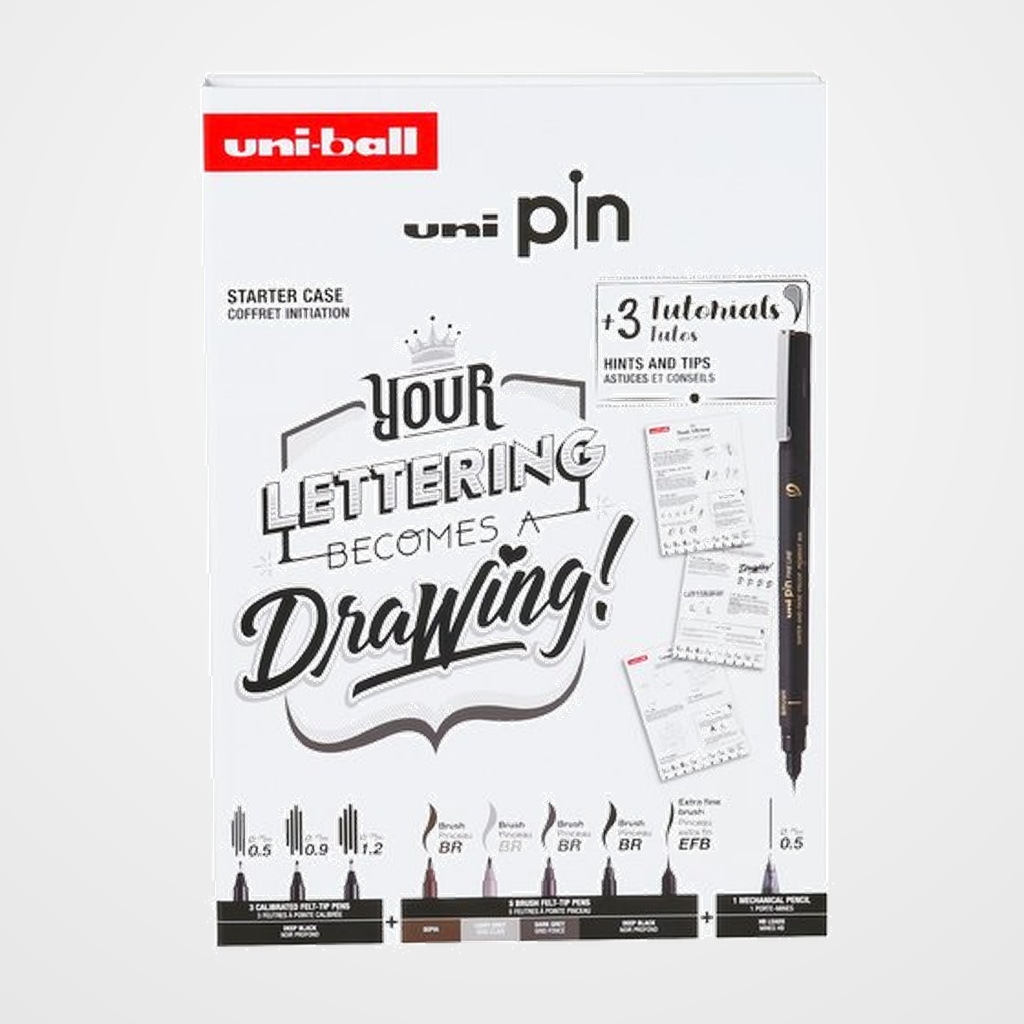 ROTULADOR CALIBRADO UNI-BALL PIN SET 8P LETTERING STARTER KIT CAJA DE 8  (0.5, 0.9, 1.2 Brush sepia, gris claro, gris oscuro y negro Brush extra fino negro) + portaminas