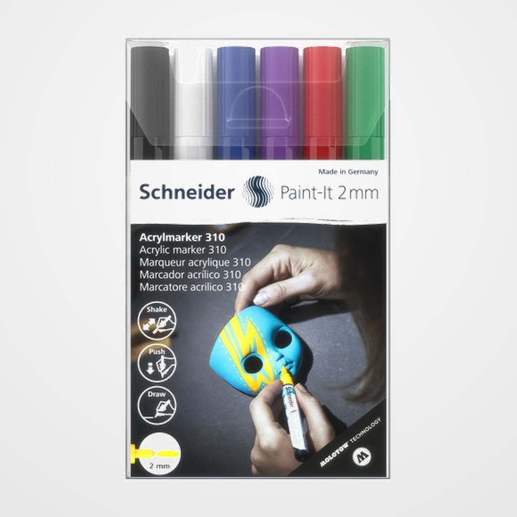MARCADOR ACRYLIC SCHNEIDER PAINT-IT 310 CONICO (2 mm) ESTUCHE de 6 (negro, blanco, azul, violeta, rojo, verde)