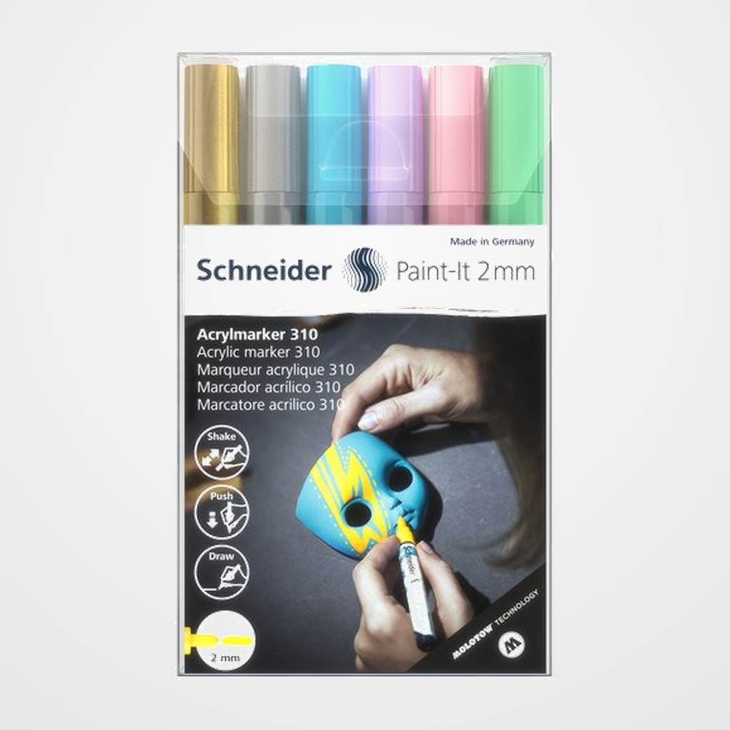 MARCADOR ACRYLIC SCHNEIDER PAINT-IT 310 CONICO (2 mm) ESTUCHE de 6 (oro, plata, azul pastel, violeta pastel, rosa pastel, verde pastel)