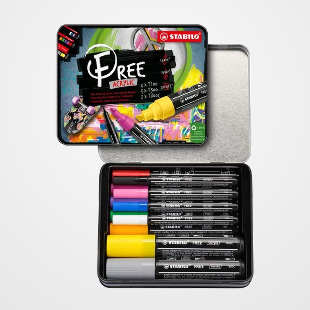 MARCADOR ACRYLIC STABILO FREE ARTY LINE KIT DE INICIACION ESTUCHE DE METAL DE 11 T100 - BLANCO, AZUL, ROSA Y NEGRO T300 - NARANJA, VERDE HOJA, VIOLETA LILA Y CARMIN T800 - AMARILLO Y GRIS