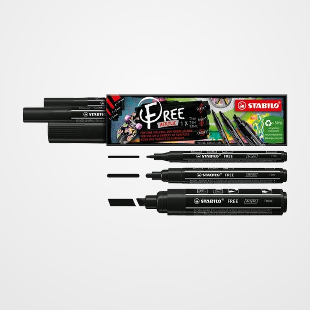 MARCADOR ACRYLIC STABILO FREE ARTY LINE NEGRO ESTUCHE DE 3 (T100/T300/T800C)