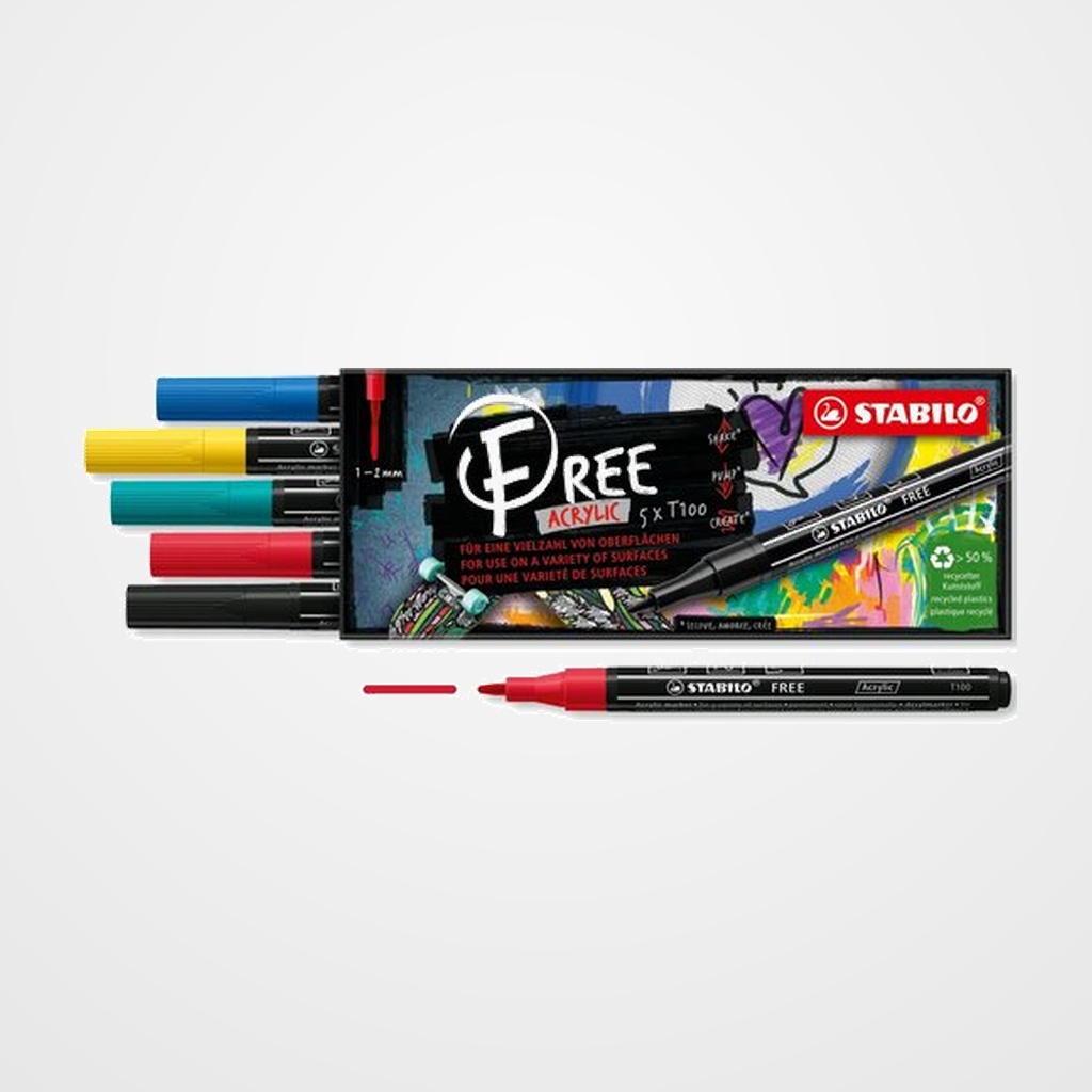 MARCADOR ACRYLIC STABILO FREE T100 ARTY LINE 1-2 mm SET ROYAL ESTUCHE DE 5 (carmin, negro turquesa, amarillo y azul)