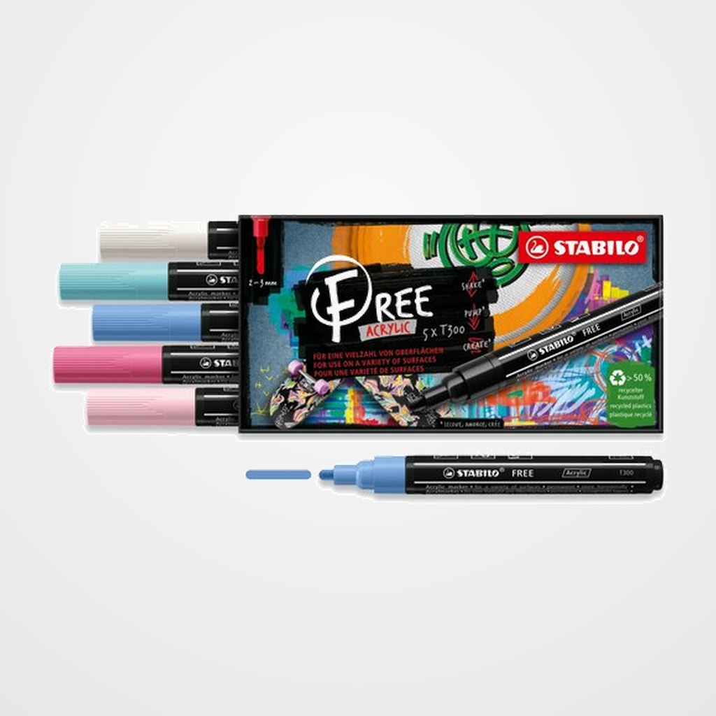 MARCADOR ACRYLIC STABILO FREE T300 ARTY LINE 2-3 mm SET CANDY ESTUCHE DE 5 (azul hielo azul cobalto, rosa, rubor rosa y blanco)
