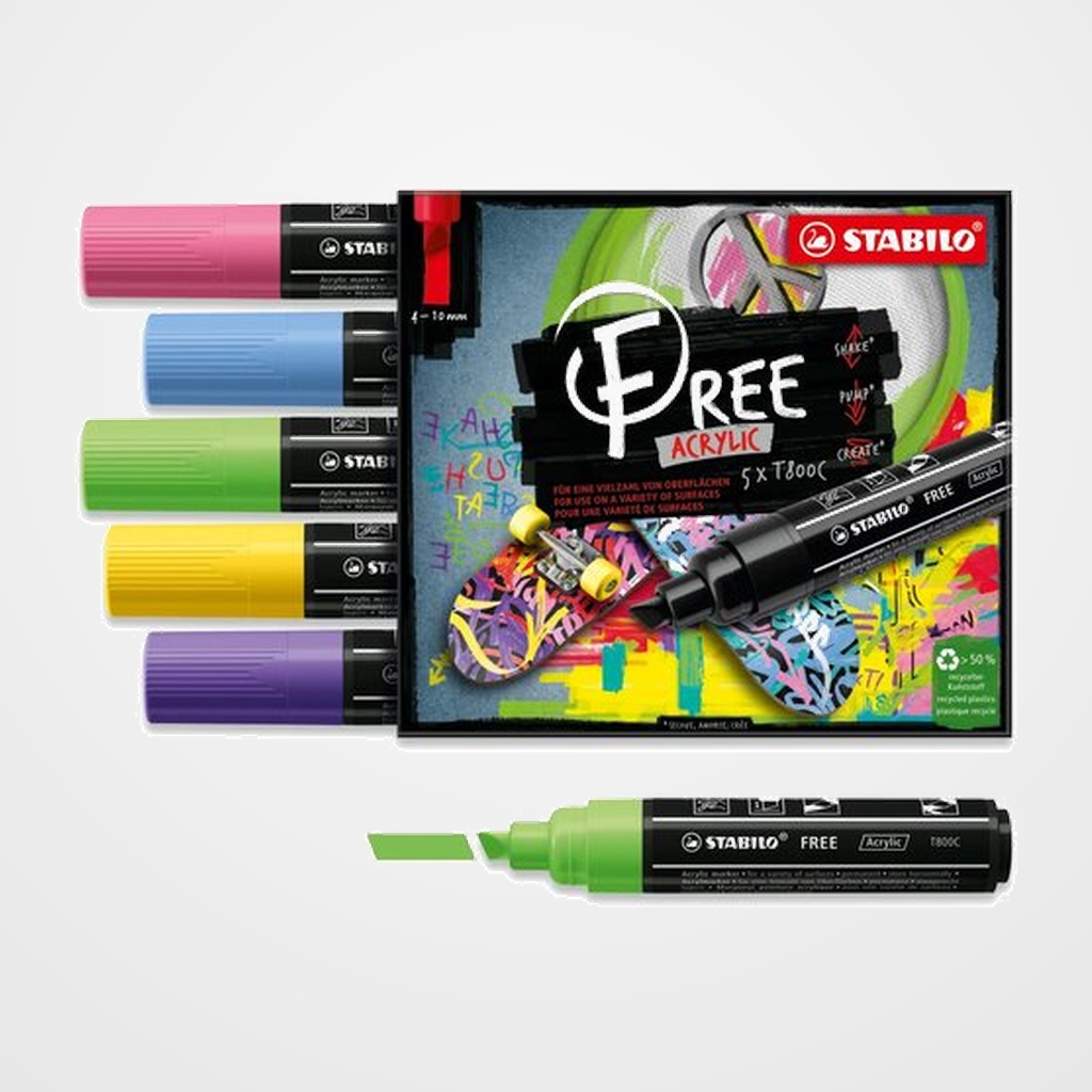 MARCADOR ACRYLIC STABILO FREE T800C ARTY LINE 4-10 mm SET SEASIDE ESTUCHE DE 5 (violeta, amarillo, verde claro, azul cobalto y rosa)