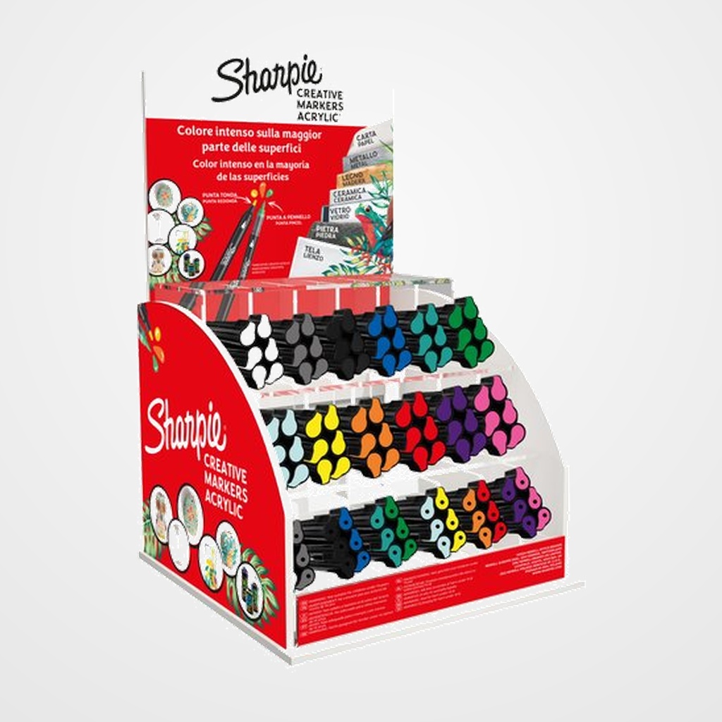 ROTULADOR SHARPIE CREATIVE ACRYLIC EXPOSITOR de 144 (72 x PUNTA REDONDA + 72 PUNTA PINCEL) 12 COLORES