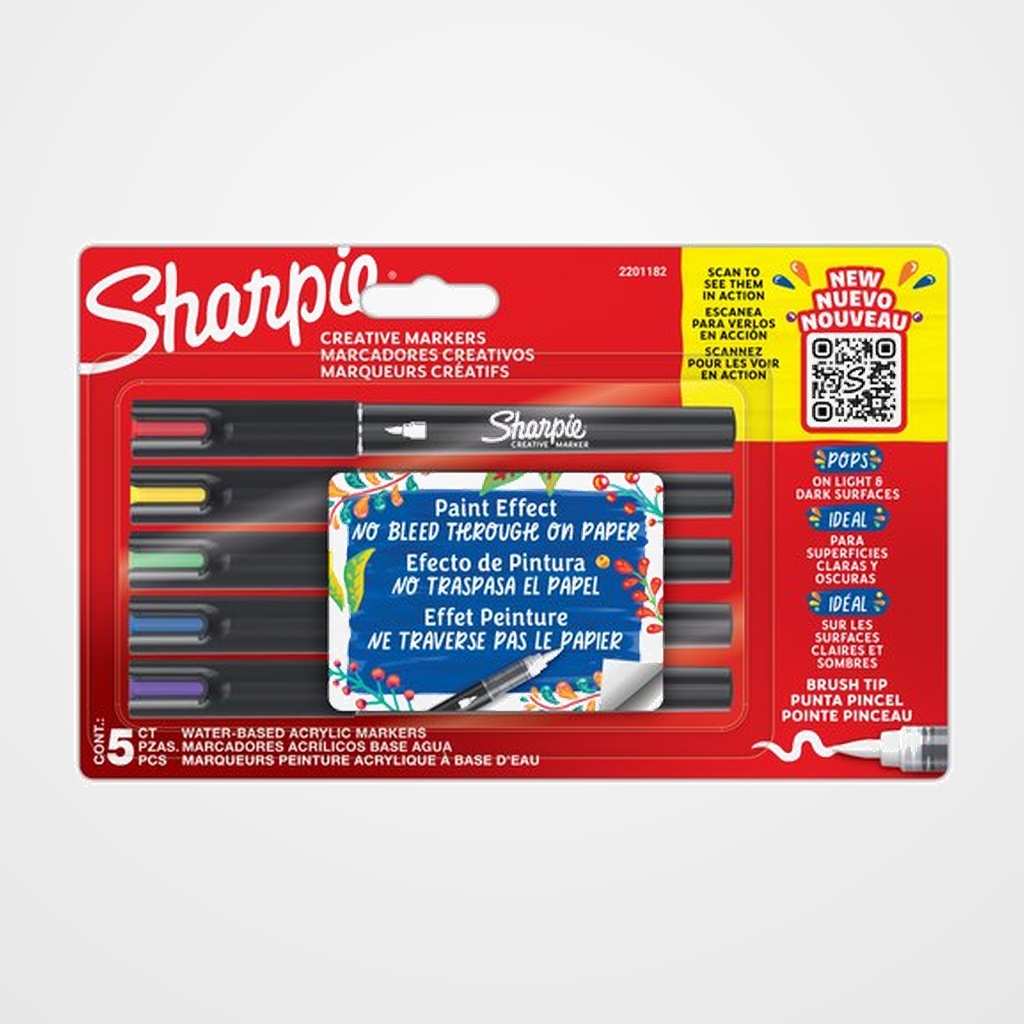 ROTULADOR SHARPIE CREATIVE ACRYLIC PUNTA PINCEL BLISTER de 5