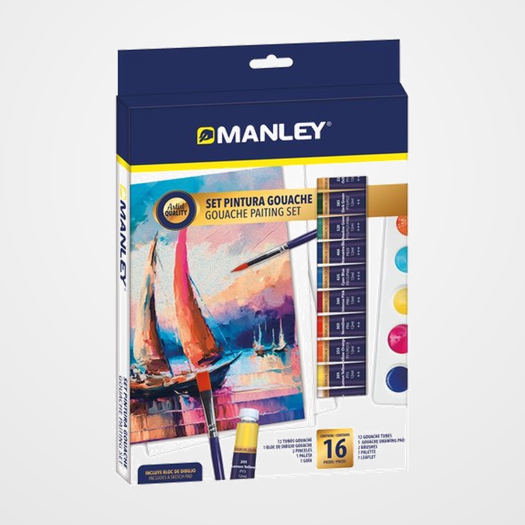 TEMPERA GOUACHE MANLEY SET DE 16 (12x pintura gouache 12ml, 2x pinceles, 1x paleta, 1x bloc dibujo)