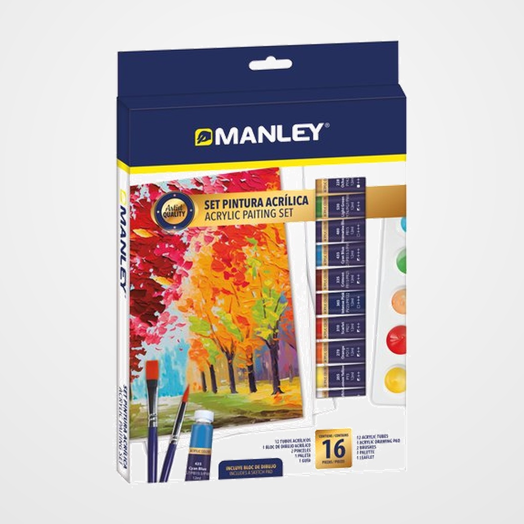 PINTURA ACRILICA MANLEY SET DE 16 (12x pintura acrilica 12ml, 2x pinceles, 1x paleta, 1x bloc dibujo)