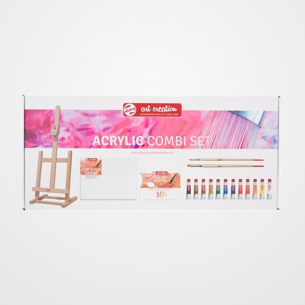 PINTURA ACRILICA TALENS ART CREATION SET de INICIACION 12x Colores 12 ml (tubo)  1x Caballete de sobremesa  1x Paleta de papel desechable  1x Bastidor entelado 24 x 30 cm  2x Pinceles