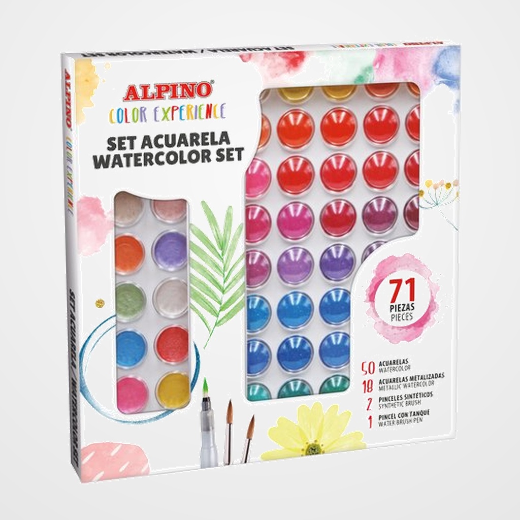 ACUARELAS COLOR EXPERIENCE SET de 71  50 acuarelas 18 acuarelas metalizadas  2 pinceles   1 pincel con deposito