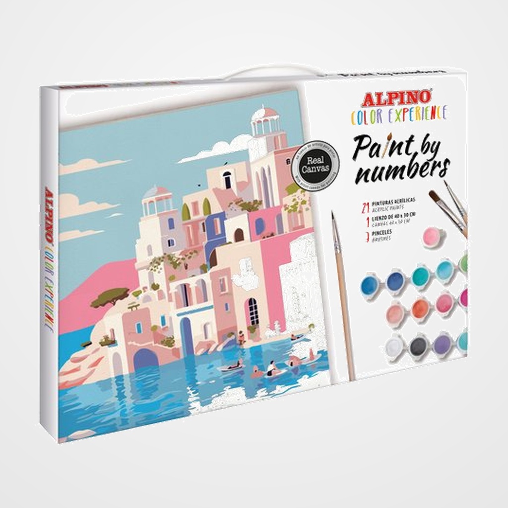 SET PAINT BY NUMBERS COLOR EXPERIENCE  GRECIA  1 Lienzo de 40x 30 numerado 21 pinturas acrílicas de 3ml  3 Pinceles  1 Patrón numérico para pintar el lienzo