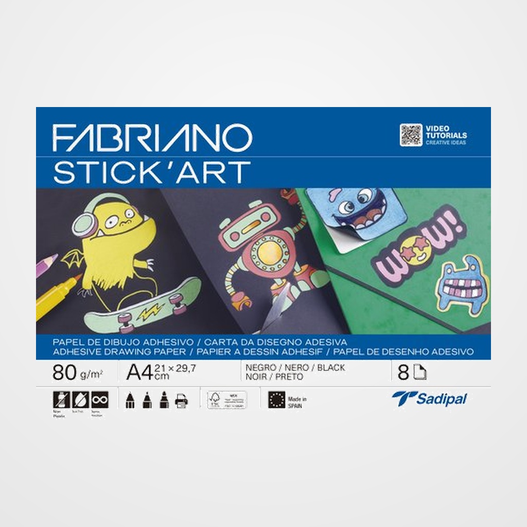 LAMINAS DIBUJO FABRIANO ADHESIVAS STICK ART A4 80g NEGRO PAQUETE de 8