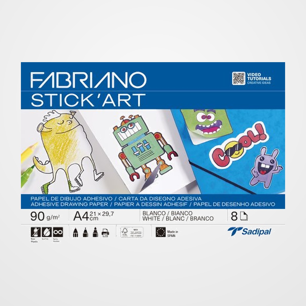 LAMINAS DIBUJO FABRIANO ADHESIVAS STICK ART A4 90g BLANCO PAQUETE de 8