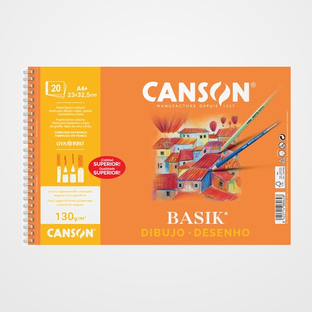 BLOC DE DIBUJO GUARRO-CANSON BASIK CON ESPIRAL LISO A4+ 130g 20h