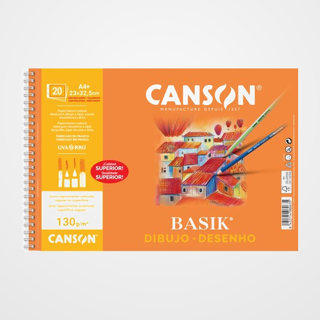 BLOC DE DIBUJO GUARRO-CANSON BASIK CON ESPIRAL LISO con RECUADRO 2 TALADROS A4+ 130g 20h