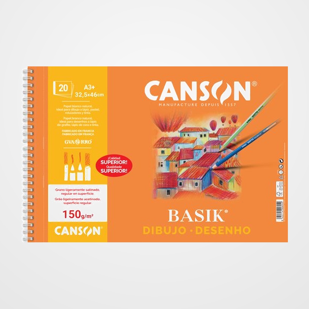 BLOC DE DIBUJO GUARRO-CANSON BASIK PREMIUM CON ESPIRAL LISO A3+ 150g 20h