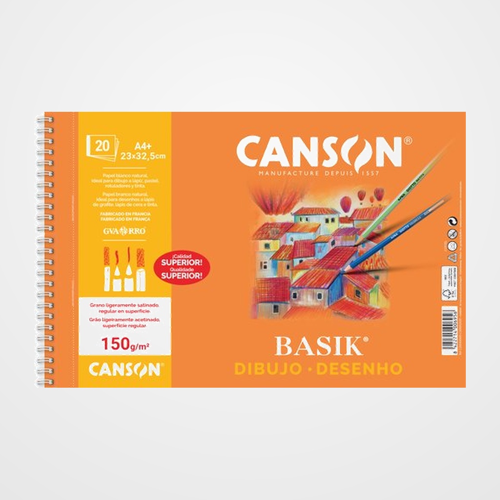BLOC DE DIBUJO GUARRO-CANSON BASIK PREMIUM CON ESPIRAL LISO A4+ 150g 20h